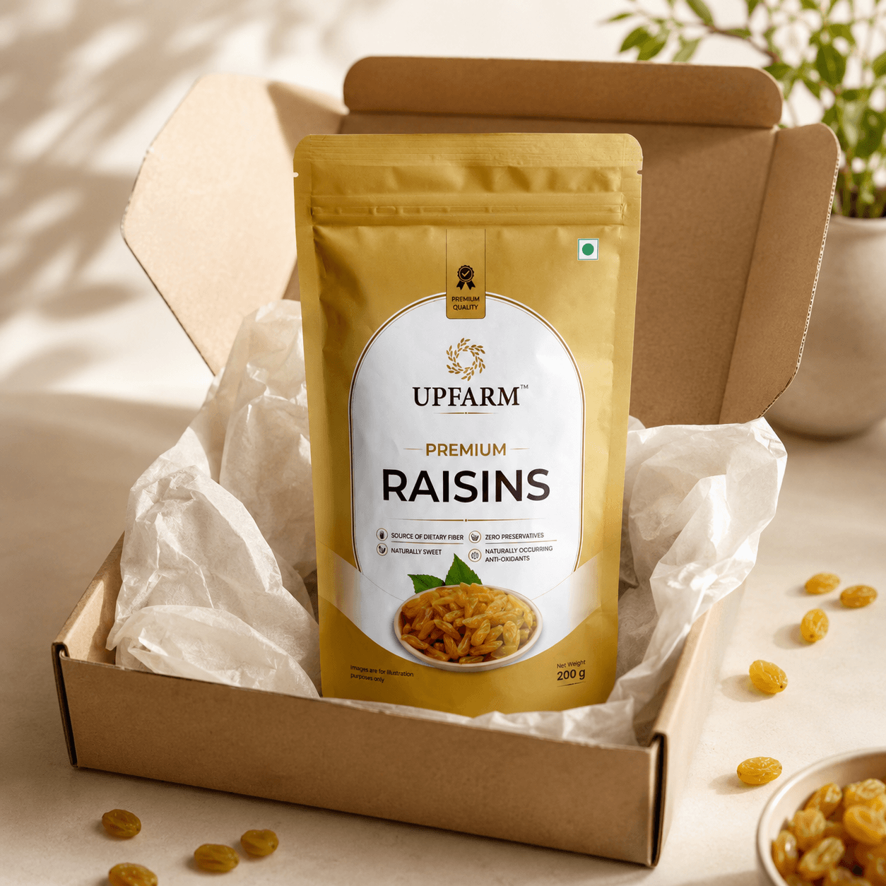UPFARM Premium Raisins presented in fresh delivery packaging